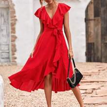 Fengyu Women's Clothing Store Vestido envolvente con cinturón y volantes de tela sólida para Año Nuevo, ropa de vacaciones y atuendos de playa para mujeres - Rosa - Ver 5