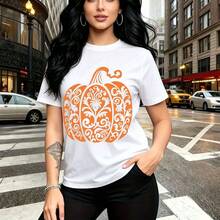 Camiseta de mujer con estampado de calabaza naranja ornamentada con filigrana y estilo gótico urbano - camiseta casual de manga corta, ajuste cómodo y moderno, ideal para celebraciones de Día de Muertos, salidas nocturnas en la ciudad y como regalo p - Blanco - Ver 7