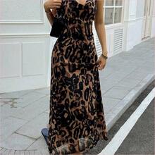 WNS  Vestido midi de cintura ceñida con estampado de leopardo para mujer, vestido largo de verano tipo sundress estilo Y2K - Café integral - Ver 4