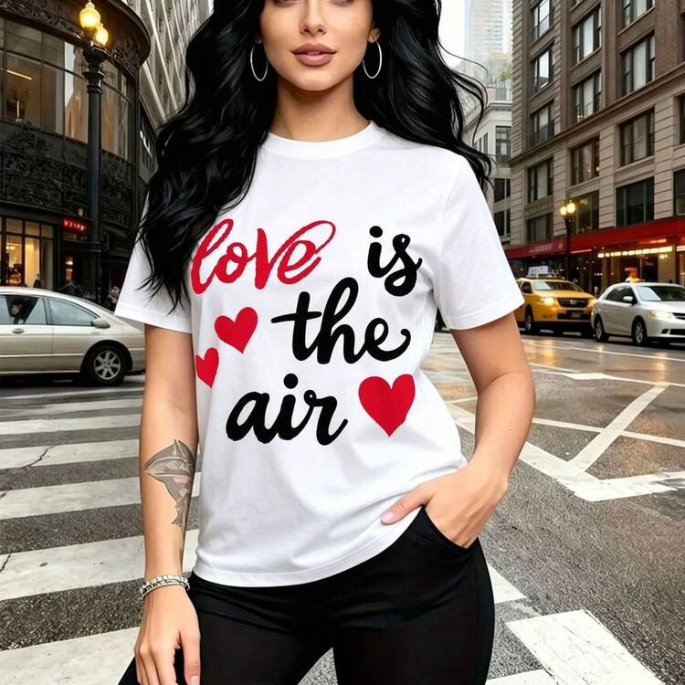 Camiseta de mujer con estampado "love is the air" y corazones rojos, diseño urbano con letra cursiva elegante - camiseta casual de manga corta, ajuste cómodo y moderno para el día a día - ideal para paseos por la ciudad, salidas con amigas o regalo p - Blanco - Añade 10