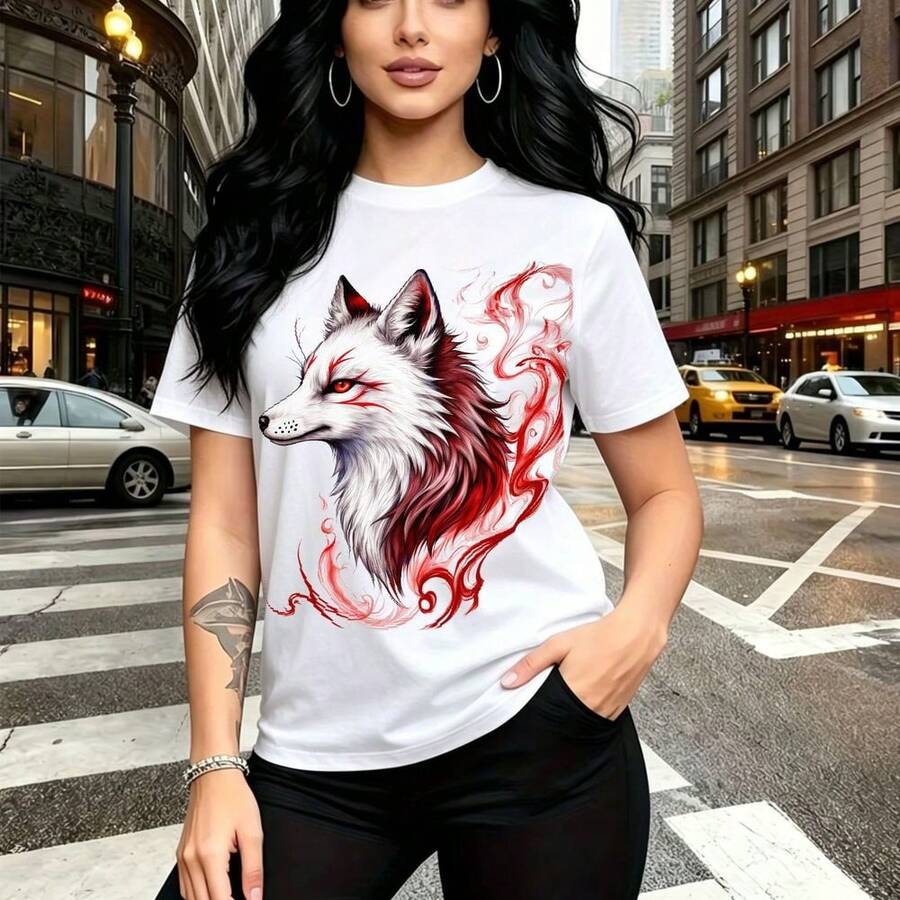 Camiseta de mujer con estampado de lobo vibrante con ojos rojos brillantes y humo en llamas - camiseta casual de manga corta con ajuste cómodo y estilo urbano gótico - ideal para salidas por la ciudad, eventos diurnos y regalo perfecto para mamá, esp - Blanco - Ver 1