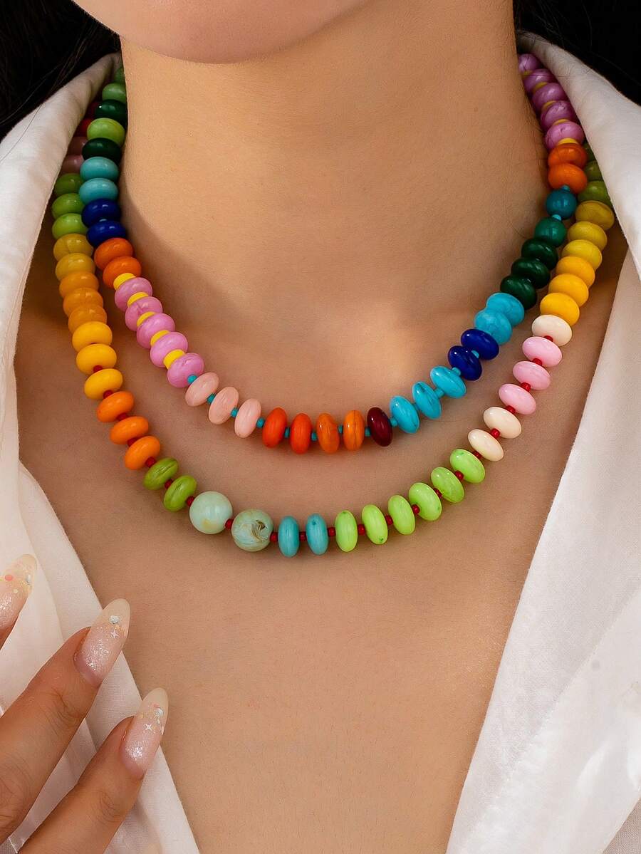 Collares de cuentas de arcoíris de colores en capas para mujeres - Conjunto de gargantilla de cuentas de disco de colores de caramelo vibrantes, joyería de declaración bohemia de verano - Multicolor - Ver 1