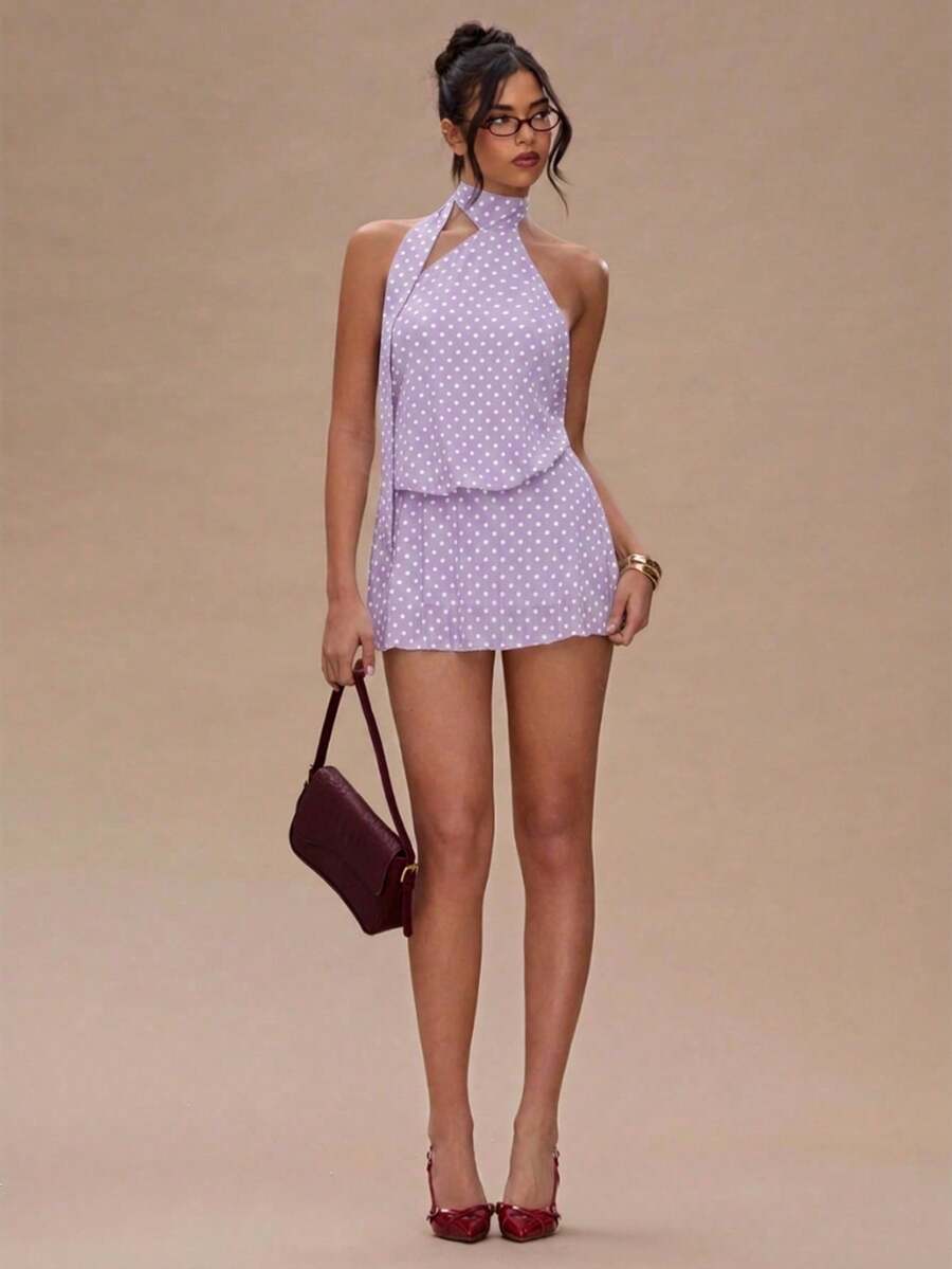 Vestido de tirantes mini con espalda descubierta y estampado de lunares elegante para mujer - Púrpura malva - Ver 1