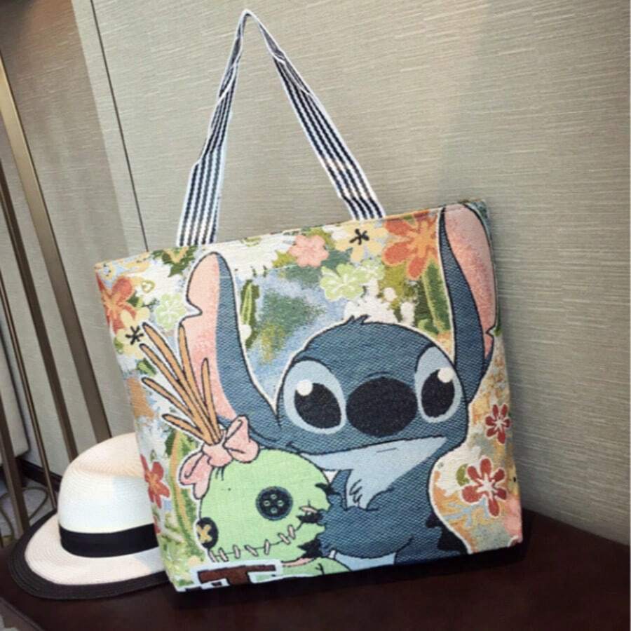 1pc Lilo & Stitch Canvas Tote Bag & Crossbody Bag, Large Capacity Cute Washable Handbag, Unisex Portable Bag, Suitable For Office, School, Work, Travel & Beach. Perfect Birthday Gift, Back To School Gear And Personalized Office & Daily School Supplies - A - View 1