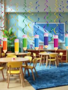 18pcs Back To School Hanging Rotating Decorations, Colorful Crayon Ceiling Hanging Ornaments, Welcome Back To School Pencil Party Decor, Suitable For Ceiling, Window, Mantel, Overhang, Doorway, Arch, Tree Branch, Hallway On The First Day Of School - Multicolor - View 6