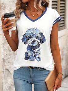 Camiseta gráfica de mujer con estampado de corazones de colores en el hombro y la manga conectada - Azul - Ver 1