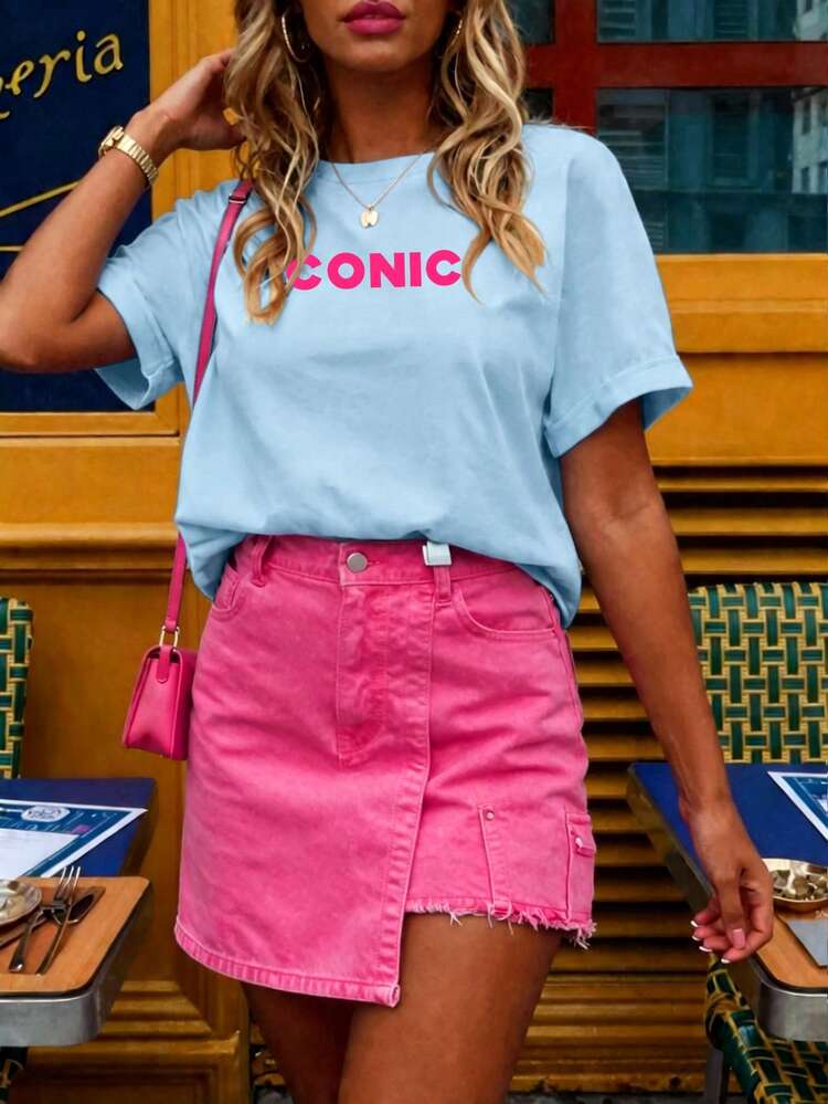 Summer Casual Letter Print Short Sleeve T-Shirt - Blue - View 2