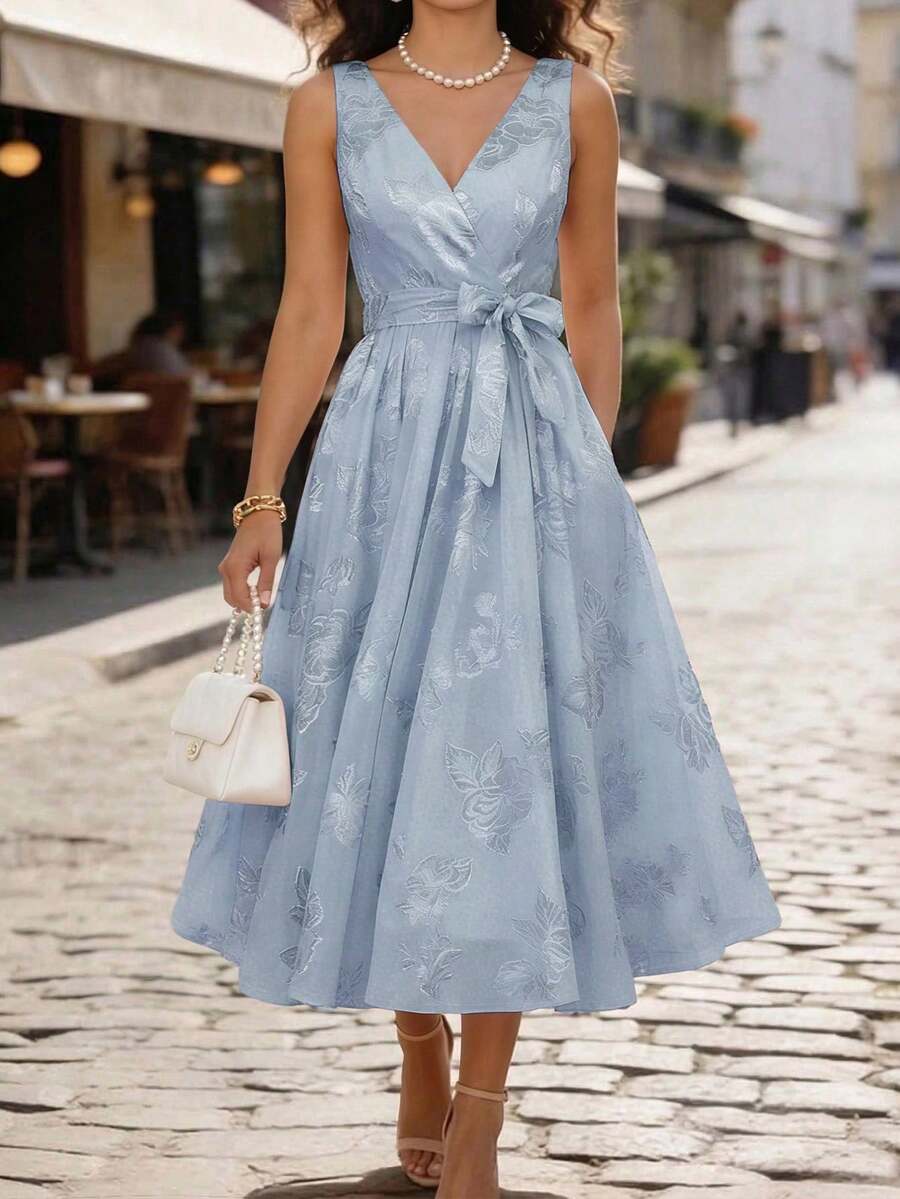 Vestido de gasa con estampado floral, cuello en V, elegante y romántico, adecuado para vacaciones y uso diario, de estilo francés de alta gama - Azul - Ver 1