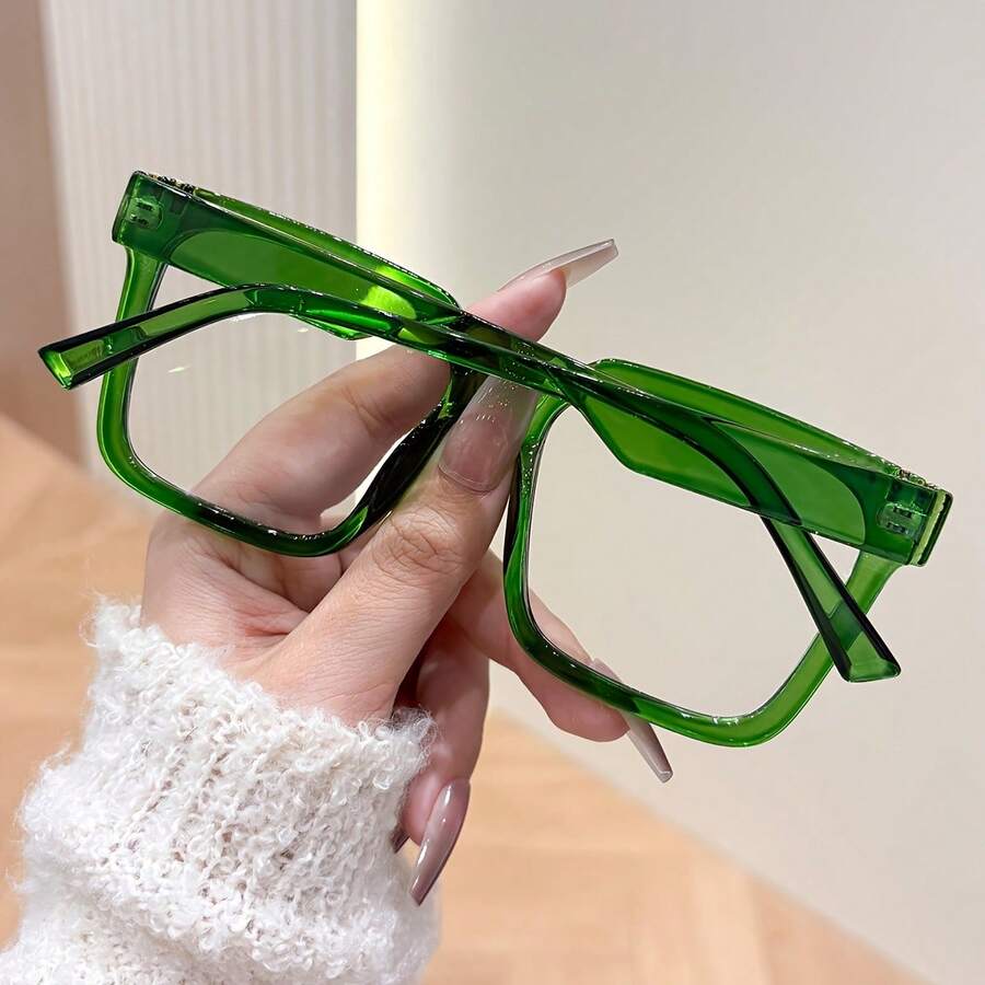 1 Pair Of New Women's Green Square Frame Glasses, Business And Sexy Campus Style, Oversized Frame, Versatile, And Fashionable, Decorative Flat Glasses, Everyday Accessory - 綠色 - 查看 1