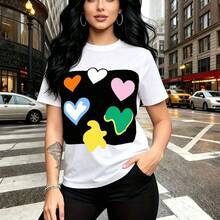 Camiseta de mujer con estampado de seis corazones coloridos vibrantes y diseño divertido - camiseta casual de manga corta, ajuste cómodo y estilo urbano chic, ideal para paseos por la ciudad, salidas diarias y regalos perfectos para mamá, esposa, nov - Blanco - Ver 11