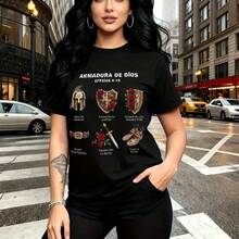 Camiseta de mujer con estampado religioso "Armadura de Dios" y Efesios 6:10 mostrando el yelmo, escudo, coraza, cinturón, espada y calzado del evangelio - camiseta casual de manga corta con ajuste cómodo y fresco, estilo urbano moderno para la fe - i - Negro - Ver 7