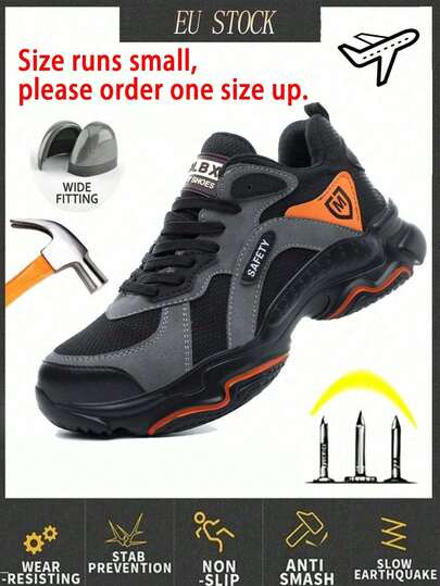 Um par de sapatos com biqueira de aço para homens e mulheres, leves, para trabalho, , tênis com biqueira de aço indestrutível, tênis de para construção e trabalho industrial (A forma é pequena, recomendamos pedir um número maior).