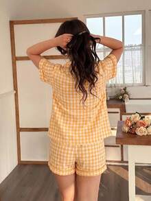 2pcs/Set Women's Comfortable Dual-Color Plaid Print Short Sleeve Collared Top And Bow Shorts Pajama Set, Spring/Summer - Orange - View 2