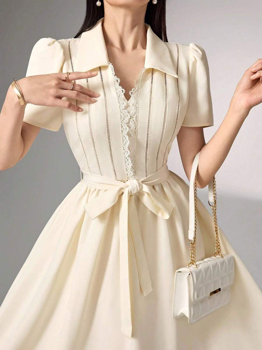 Vestido elegante de longitud media con mangas abullonadas de color liso y encaje de contraste para mujer - Albaricoque - Ver 1