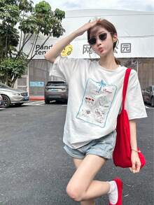 Kaos Kasual Lengan Pendek Leher Bulat Bordir Bunga, Potongan Longgar & Serbaguna, Warna Putih Musim Panas - Putih - View 3