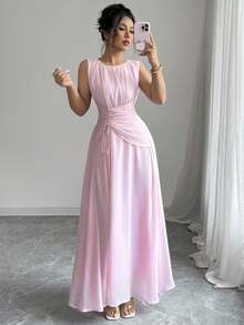 Vestido maxi de gasa elegante y casual para mujer, estilo vintage romántico, adecuado para la playa, elé de la tarde, fiestas, bodas, ir al trabajo, sin mangas, cintura con cordón, espalda plisada, forrado, primavera/verano - Rosa - Ver 1
