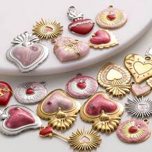 2pcs Rose Red Pearlescent Light Pink Oil Drip Sacred Heart Pendant Jewelry Making Charms 304 Stainless Steel Heart Pendant Sun Chain Flame Heart Pendant Suitable For Necklace Bracelet Earrings Bag Chain Decoration Personalized Vintage Fashion Accessories Enamel Sacred Heart Pendant Handmade DIY Gift Men Women Accessories Jewelry Supplies - Love Heart - View 9
