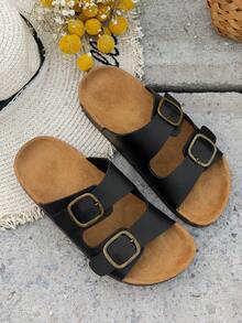 Sandal Datar Kasual Retro Serbaguna untuk Remaja dengan Ujung Bulat dan Tali Ganda yang Dapat Diatur, Nyaman untuk Dipakai di Dalam dan Luar Ruangan - Hitam - View 2