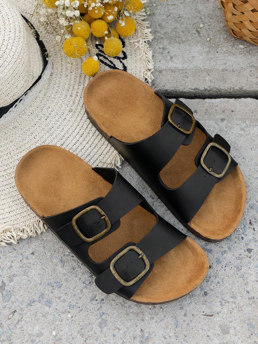 Sandal Datar Kasual Retro Serbaguna untuk Remaja dengan Ujung Bulat dan Tali Ganda yang Dapat Diatur, Nyaman untuk Dipakai di Dalam dan Luar Ruangan
