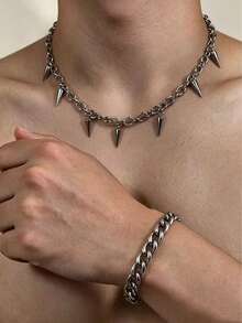2pcs/Set Men's Stainless Steel Rivet Pendant Necklace + Bracelet Set, Hiphop Street Style, Suitable For Daily Wear, Gift For Boyfriend, Father's Day - Riveted Two-piece Set - View 1
