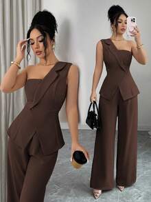 Top sin mangas con cuello alto con volantes de satén suave y sedoso, corte holgado en línea A, espalda descubierta, estilo francés romántico y vintage elegante para oficina, negocios, playa, casual, versátil, primavera/verano - Marrón - Ver 1