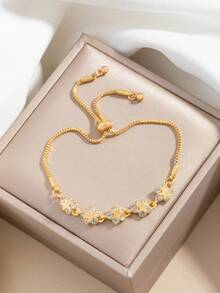 1pc Rhinestone Flower Pendant Gold Bracelet With Five-Pointed Star Decoration, Teen Bracelet, Holiday Gift - Style 1 - View 2