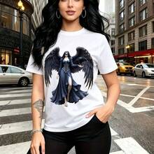 Camiseta de mujer con estampado de ángel caído de fantasía con alas negras y vestido azul - camiseta casual de manga corta, ajuste cómodo y moderno, estilo urbano y alternativo - ideal para paseos por la ciudad, fiestas temáticas y regalo perfecto pa - Blanco - Ver 11