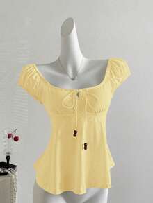 Camiseta de manga corta holgada con lazo y decoración de perlas para mujer en verano - Amarillo - Ver 1