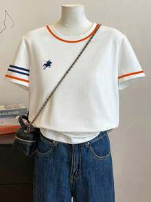 Camiseta de mujer casual y holgada de cuello redondo y manga corta a rayas - Multicolor 4 - Ver 1