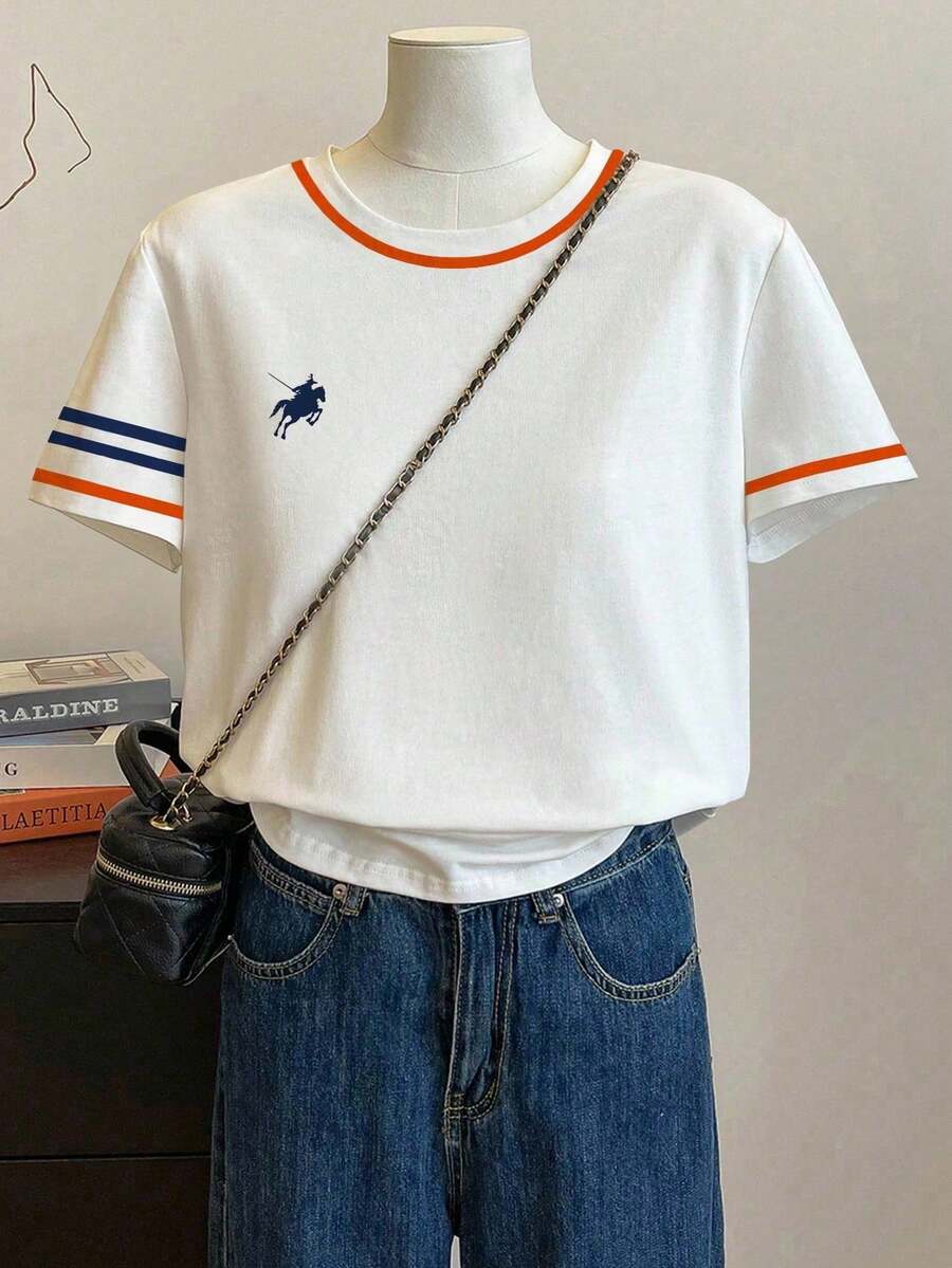 Camiseta de mujer casual y holgada de cuello redondo y manga corta a rayas - Multicolor 4 - Ver 1