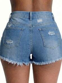 Șort din denim cu aspect uzat pentru femei mărimi mari, croială dreaptă, stil mini, casual, pentru vară - Spălare ușoară - Vizualizare 4