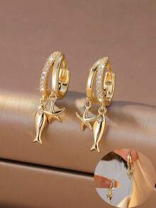 1 Pair Women's Gold-Plated Hoop Earrings With Fish And Starfish Pendants, Double-Layer Curved Design, Suitable For Ocean Theme, Summer Vacation, Mother's Day, Birthday, Anniversary And Other Occasions, Perfect Gift For Mother, Wife, Girlfriend, Best Friend - Multicolor - View 6
