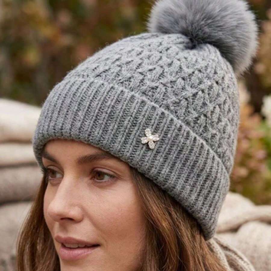 Women's Winter Thermal Hat With Glitter, Hypoallergenic, Lined With A Cute And Stylish Pom-Pom, Warm And Stylish. - MYA-39 cinza c/ detalhe - 查看 1