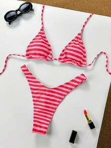 Women's Basic Striped Print Swimwear, Suitable For Various Occasions From Pool To Beach In Summer, Daily Mini Triangle Bikini Beach Outfit Vacation Red - Red - View 5