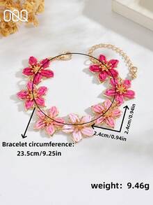 OOQ 1pc Handmade 5-Petal Flower Chain Bracelet, Elegant Floral Bracelet For Women, Suitable For Beach Vacation, Holiday Travel (Handwoven Rattan, Random Shape) - Hot Pink - View 5