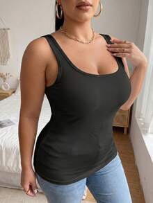 1pc Solid Color Fitted Wide Strap Tank Top, Built-In Padded Cups, Basic Layering Top For Home And Commute - Black - View 4