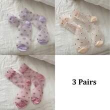 1/2/3 Pairs Women's Thin Mid-Calf Socks For Spring & Summer, Transparent Crystal Silk Stockings, Floral Pattern Ladies Socks - Multicolor - View 19