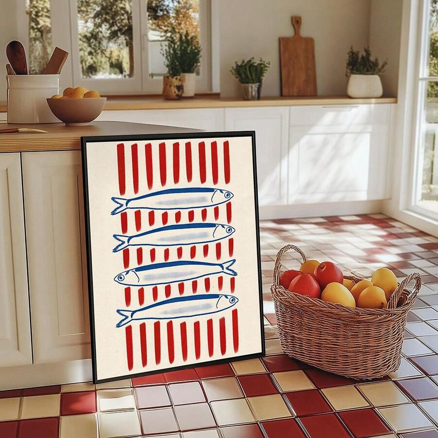 1pc Retro Fish Kitchen Wall Art Picture Danish Pastel Sardine Prints Canvas Paintings Eclectic Red Foodie Aesthetic Checkerboard Coastal Poster Wall Decor For Bathroom Bedroom Dining Room Wall Decorations Unframed - Pattern C - View 1