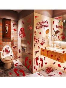 9sheets Scary Halloween Window Stickers, Bloody Hand And Footprint Halloween Floor Stickers, Spooky Bloodstain, Eyeball, And Ghost Shadow Stickers-Perfect For Bathrooms, Walls, And Room Decor. Halloween Home Decor. Scary-Style Halloween Window Decals - Multiple Styles - View 4