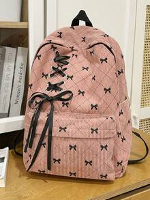 Large Capacity Women's Backpack, Minimalist Bow Design, Versatile Fashion, Small Casual Corduroy Mom Bag, Suitable For Students, School Essential - Multicolor - View 9