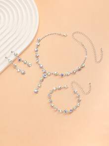 Set de 3 piezas de joyería con collar, aretes y pulsera con cristales, adecuado para uso diario u ocasiones románticas como bodas - JG-2914 Conjunto de joyas blancas - Ver 11