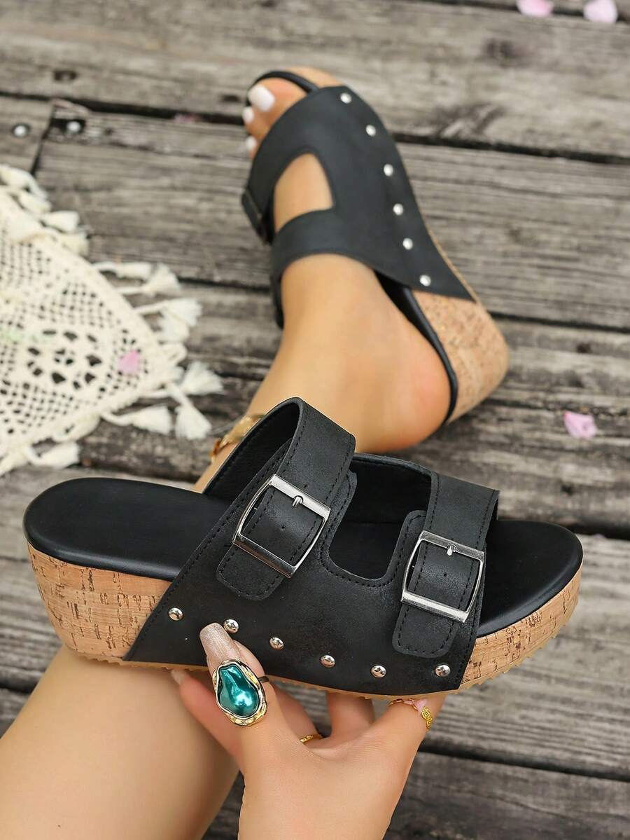 Thick-Soled Casual Outdoor Slippers For Teenagers, Fashion Beach Wedge Slides, Slip-On - Black - View 1
