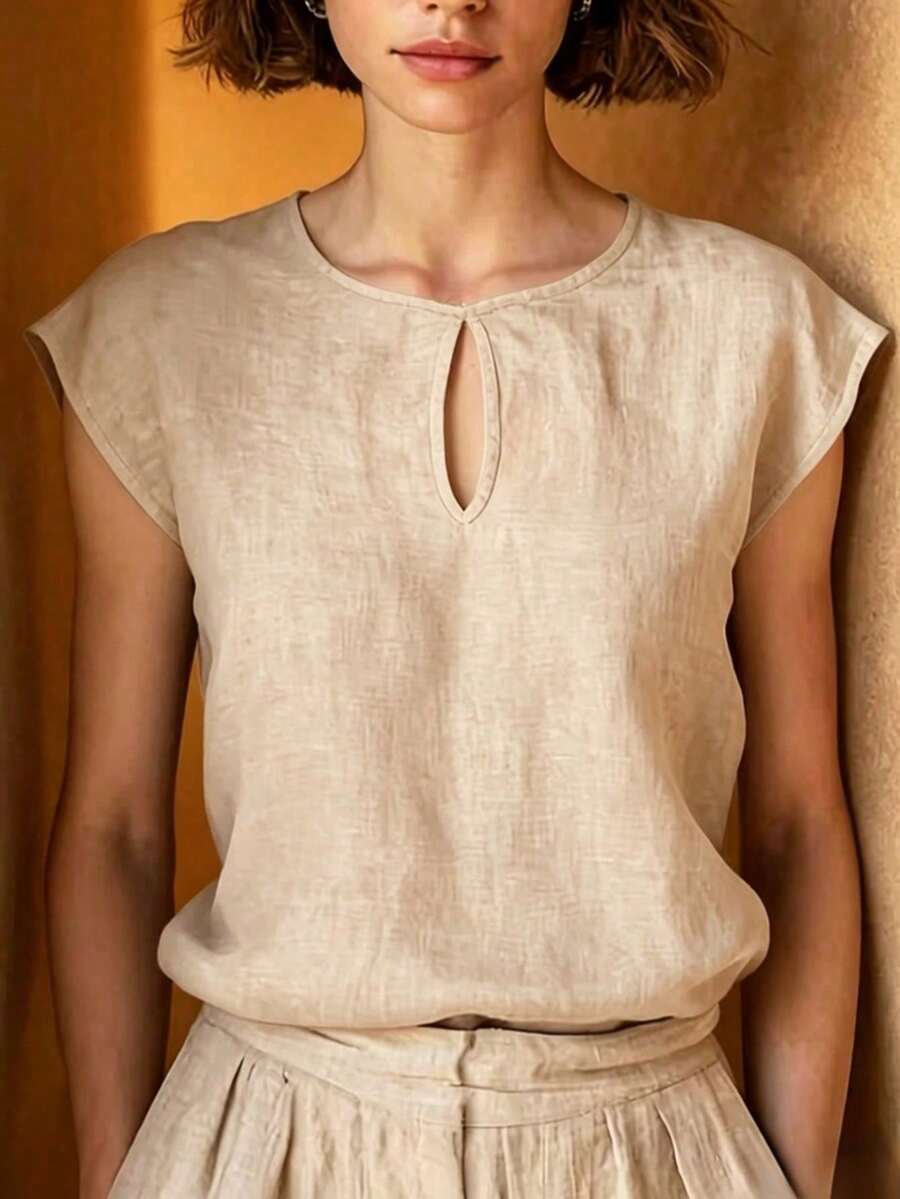 Tops de verano para mujer, nuevos diseños, elegantes y minimalistas, de uso casual y versátil, de unicolor, de manga corta, con cuello redondo, apropiados para ir a trabajar, citas, salidas, vacaciones y atuendos festivos - Albaricoque - Ver 1