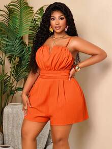 BIUBIU Plus Size Women's Orange Casual Jumpsuit, Sleeveless Spaghetti Strap V-Neck Ruched Short Jumpsuit With Pockets, Suitable For Summer And Daily Wear - Burnt Orange - View 3