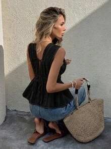 2026 Blusa sin mangas con bordado y espalda descubierta para vacaciones de verano de mujer - Negro - Ver 1