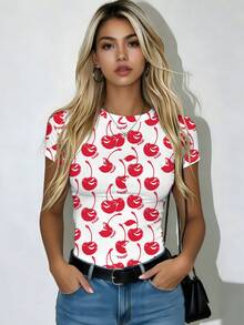 Girls Round Neck Short Sleeve Cherry Print T-Shirt, Casual Summer Women's Top, Basic Style For Outings - Multicolor - View 3