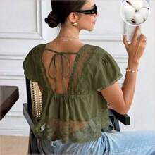 WNS  Blusa de mujer con cuello en V, manga corta y espalda con lazo, de encaje y parches, 100% algodón, estilo romántico francés, con diseño de espalda descubierta y mangas abullonadas, versátil para uso diario/casual, verano para mujeres, Día de San Valentín, Carnaval, vacaciones, blusa casual, top Y2K, blusa de encaje, blusa bohemia, top de encaje - Verde militar - Ver 1