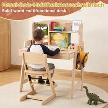 Children's Table, Children's Desk In Solid Wood, Height Adjustable, Natural Color, With Drawer, Storage Space And Hooks, Certified To Comply With Safety Standards, For Children From 6 Years Old. - 自然色 - 查看 7