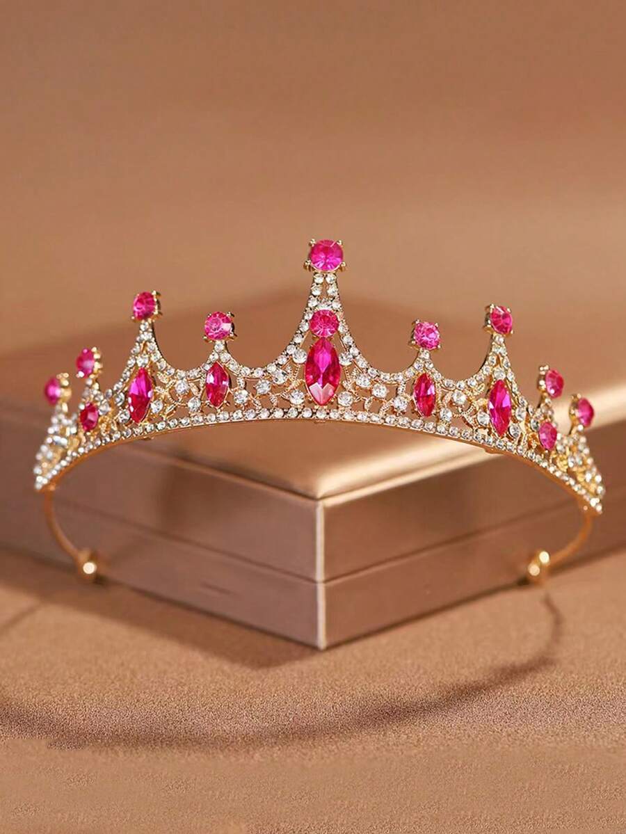 1pc Girls Princess Crown Headband, Crystal Tiara Hair Accessory, Birthday Gift - Hot Pink - View 1