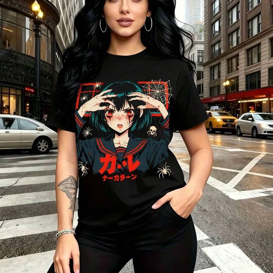 Camiseta de mujer con estampado de chica anime estilo marinero con cabello turquesa y expresión dramática, detalles en rojo y texto japonés - camiseta casual de manga corta con ajuste cómodo y moderno, ideal para paseos urbanos y salidas diarias - re - Negro - Ver 1